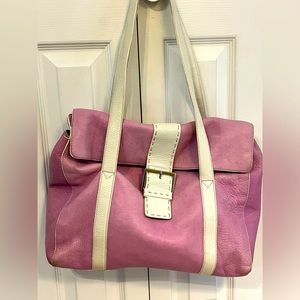 Levenger Mauve/Cream Leather Large Shoulder Bag w/Tan Canvas Interior.